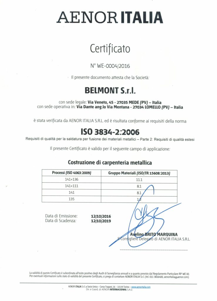 BELMONT qualifiche certifiche ISO 3834