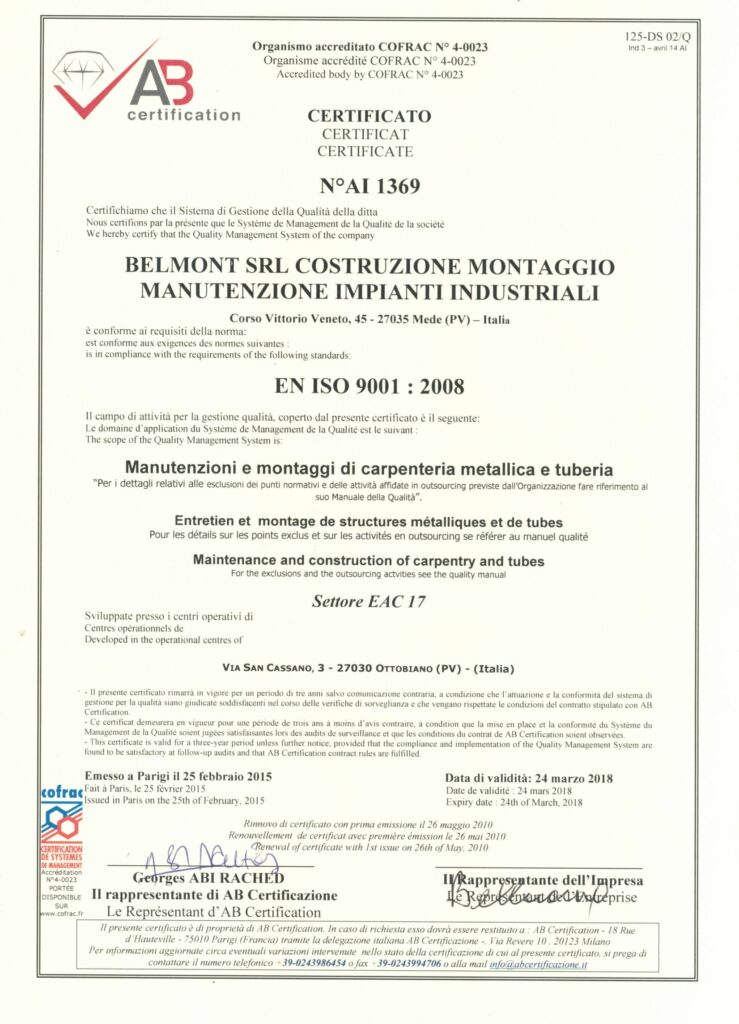 BELMONT qualifiche certifiche ISO 9000