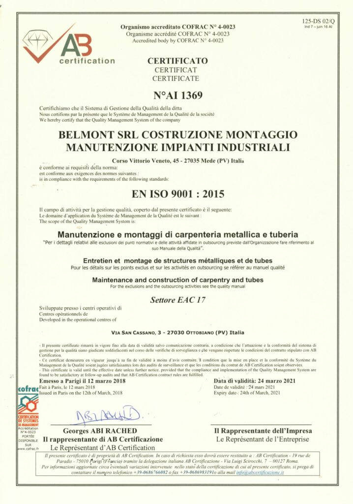 BELMONT qualifiche certifiche ISO 9001