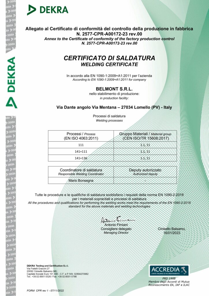 BELMONT qualifiche certifiche certificato 1090 2023